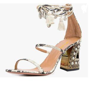 XYD Snakeskin Strappy Open Toe Rhinestone High Heel Back Zip Straw Fringe Sandal